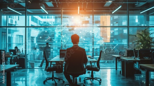 In a modern office setting, a business leader demonstrates the successful int...