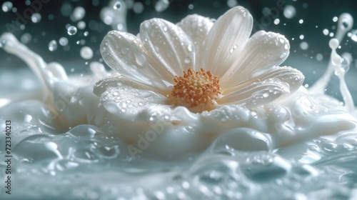  a close up of a white flower with drops of water on the petals and on top of the petals are drops of water on the petals and on the petals.