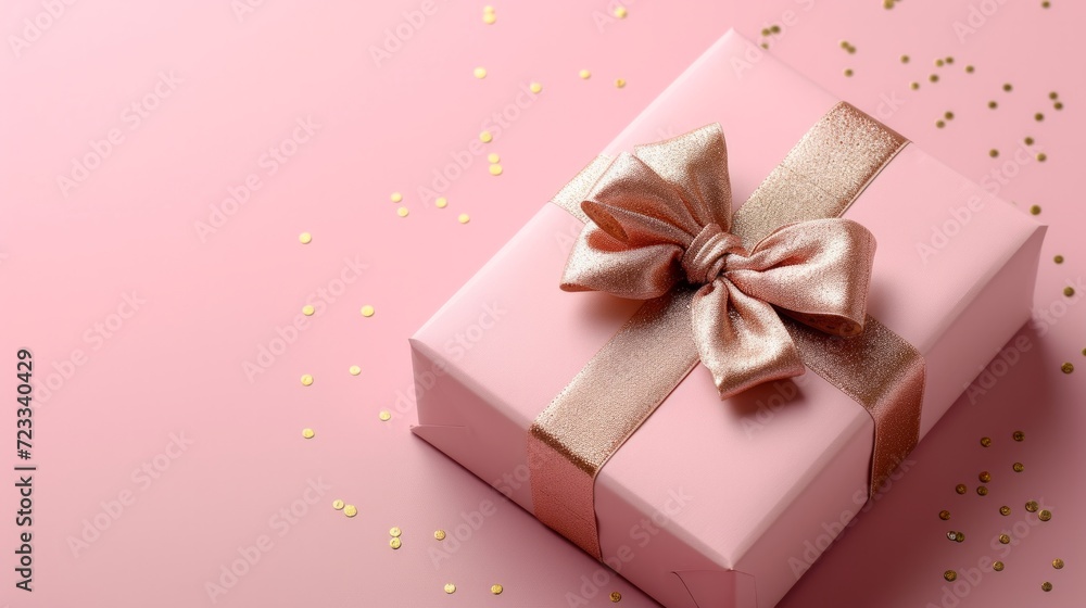 Pink gift box with gold silk bow on isolated pink background