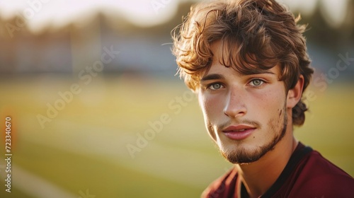 Young handsome football player posing looking at the camera while standing on the football field