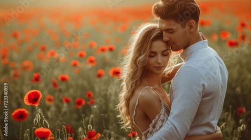 Man holds tender beautiful woman standing with her on the green field with re...