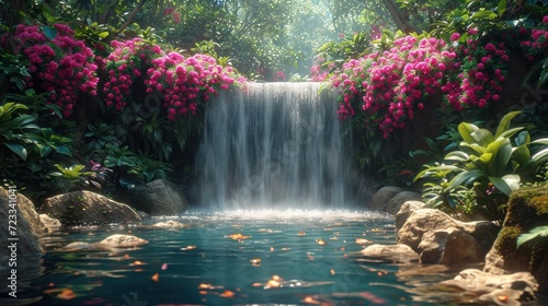  a painting of a waterfall in the middle of a pond with koi fish swimming in the water and pink flowers on the side of the falls in the water.