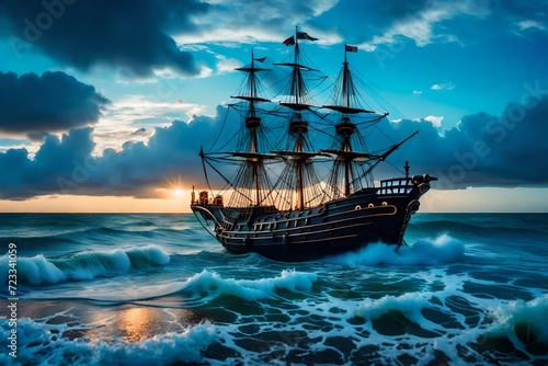 A Surreal Vision Encased in Glass, Witnessing the Turbulent Swells of a Violent Ocean Storm, Beneath a Dramatic Thunderous Sky at Dusk  At the Center, a Closeup of a Large Tall Pirate Ship with Billow © Malik