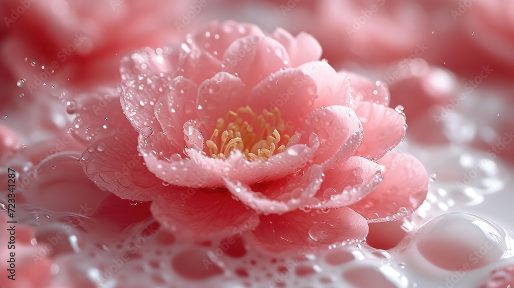 a close up of a pink flower with drops of water on the petals and a drop of water on the bottom of the flower and on the bottom of the petals. a close up of a pink flower with drops of water on the petals and a drop of water on the bottom of the flower and on the bottom of the petals.