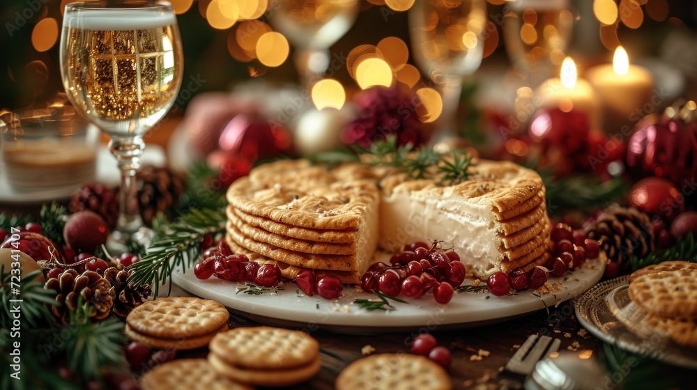  a platter with crackers, crackers, and a cheesecake on a table with christmas decorations and candles in the background and a glass of wine in the foreground.