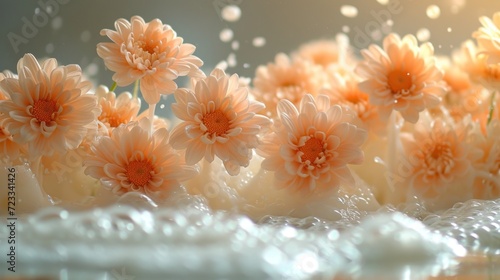  a close up of a bunch of flowers with water droplets on the top and bottom of the flowers on the bottom of the picture, with a blurry background.