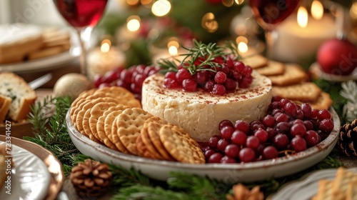  a platter of cheese, crackers, cranberries, and crackers on a table with christmas decorations and candles in the background and a christmas tree.