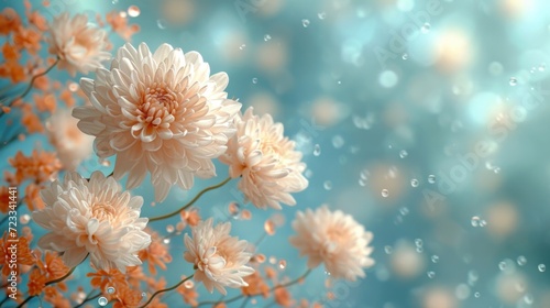  a close up of a bunch of flowers with drops of water on the top and bottom of the flowers on the bottom of the picture  on a blue background of blurry boke.