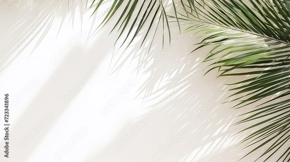 Fototapeta premium Soft shadows of tropical palm leaves on a white background. The concept of summer, an abstract minimalistic photo for advertising. tropical background for product advertising