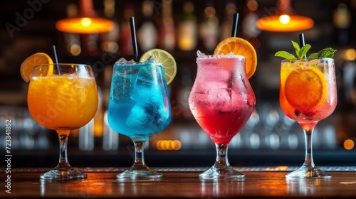 Multi-colored alcoholic cocktails stand in a row on the bar counter
