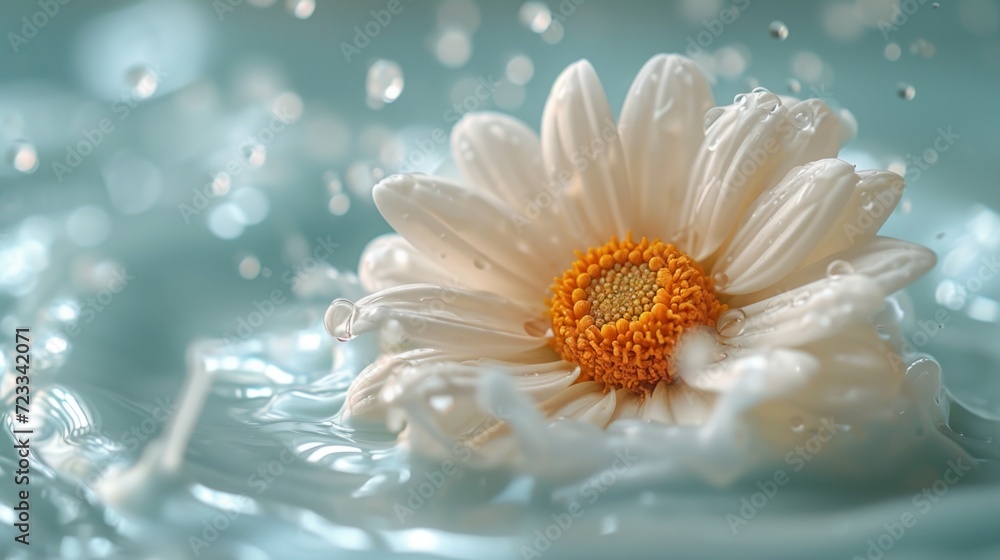 a close up of a water drop with a white flower in the middle of the water and drops of water on the bottom of the drop and bottom of the water. a close up of a water drop with a white flower in the middle of the water and drops of water on the bottom of the drop and bottom of the water.