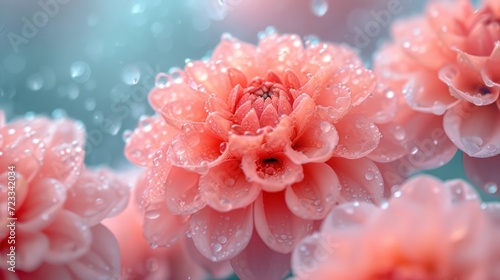  a close up of a pink flower with drops of water on it and a blurry background of pink flowers with drops of water on the petals and the petals.