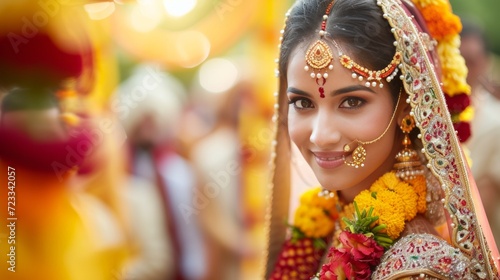 Indian wedding. Young beautiful bride and groom in national Indian costumes