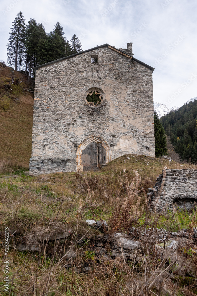 Abandoned gothic church San Gaudenzio at the Maloja pass in Switzerland