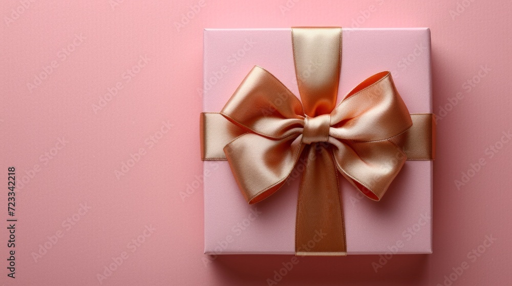 Pink gift box with gold silk bow on isolated pink background Pink gift box with gold silk bow on isolated pink background