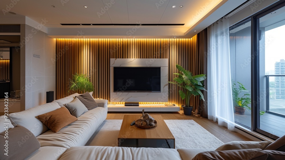 Striped gypsum panels in a modern interior Striped gypsum panels in a modern interior