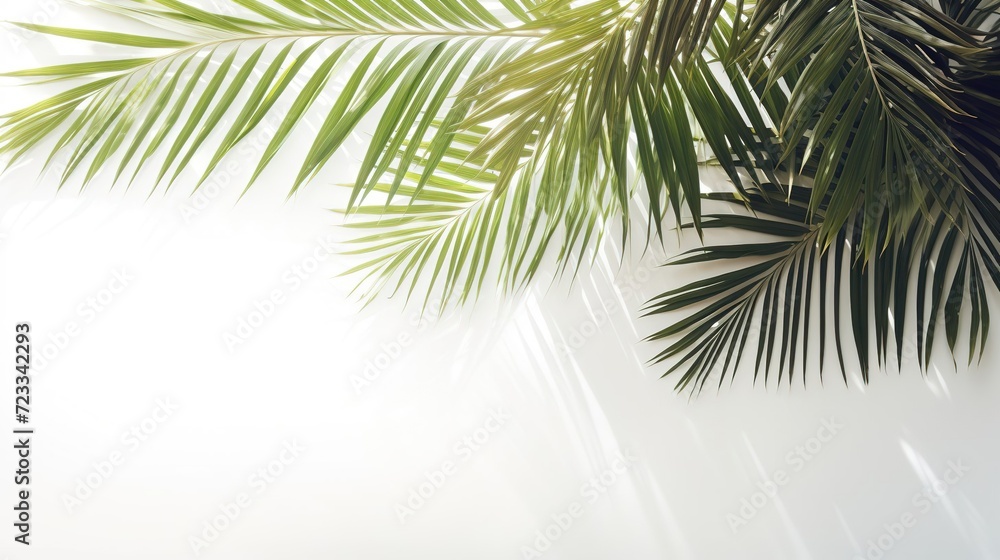 Fototapeta premium Soft shadows of tropical palm leaves on a white background. The concept of summer, an abstract minimalistic photo for advertising. tropical background for product advertising