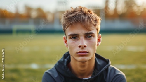 Young handsome football player posing looking at the camera while standing on...