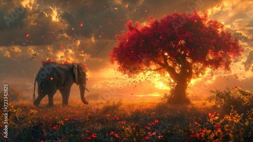  a painting of an elephant in a field with a tree in the foreground and birds in the sky in the background, with the sun shining through the clouds. © Nadia