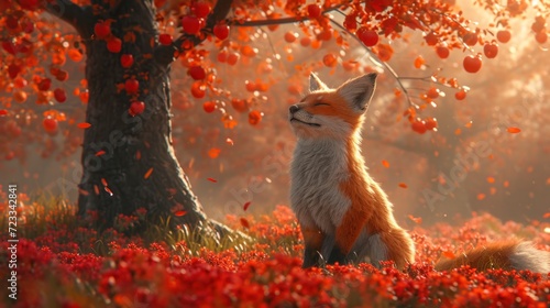  a fox sitting in a field of flowers next to a tree with red berries falling off of it's branches and a tree with red berries in the background.