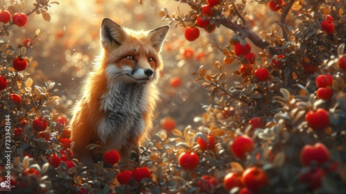  a fox sitting in the middle of a bush with red berries on it's branches and a tree with red berries on it's branches in the foreground. © Nadia