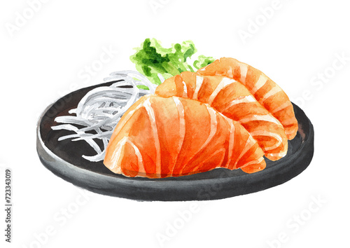 Japanese Salmon Sashimi, Hand drawn watercolor illustration isolated on white background