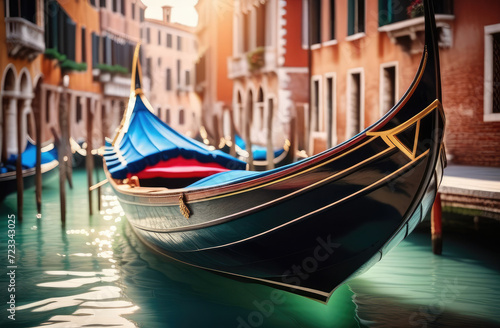 Venetian Carnival luxurious gondola on the canal in Venice, atmosphere of mystery, fantasy, blurred background, soft focus