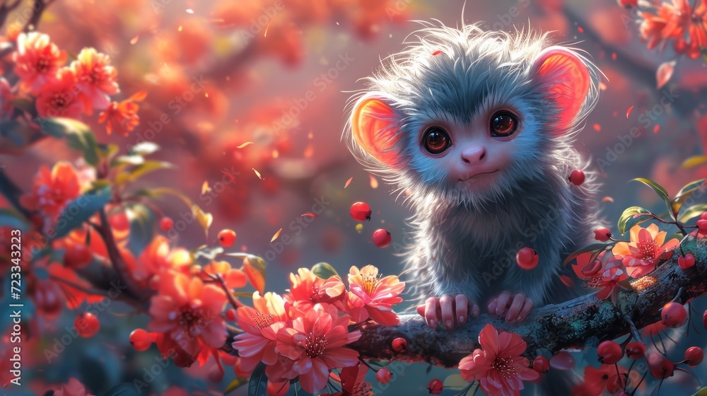  a painting of a baby monkey sitting on a branch of a tree with red flowers in the foreground and a blurry background of leaves and flowers in the foreground.