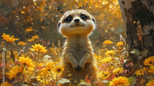  a painting of a meerkat standing in a field of sunflowers with a tree in the foreground and a background of yellow flowers in the foreground.