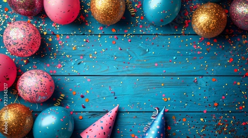 Festive background with pink, blue and gold balloons, confetti and party hats. Free space for text. photo