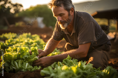 a man in a field picking lettuce