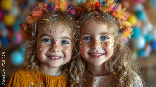 Portrait of two cute little girls with colorful confetti and wreath on head