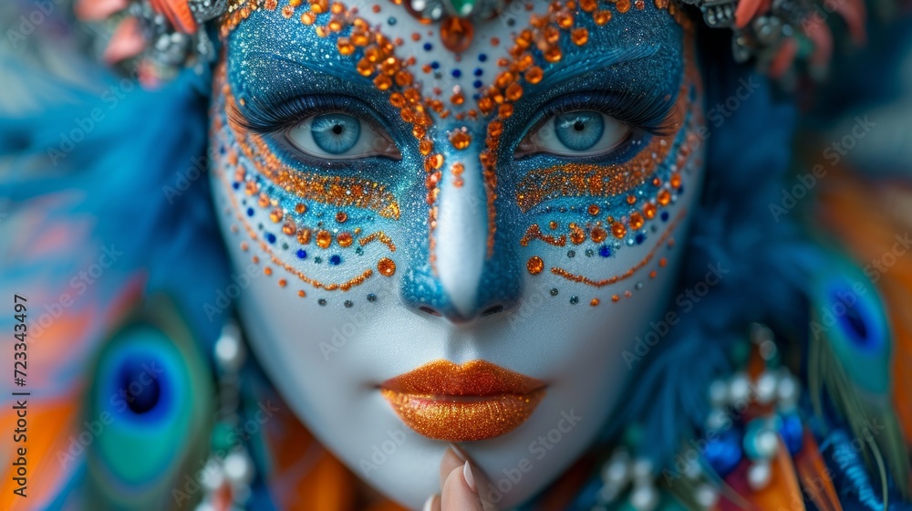 Close up portrait of a beautiful woman in a carnival mask with blue eyes.
