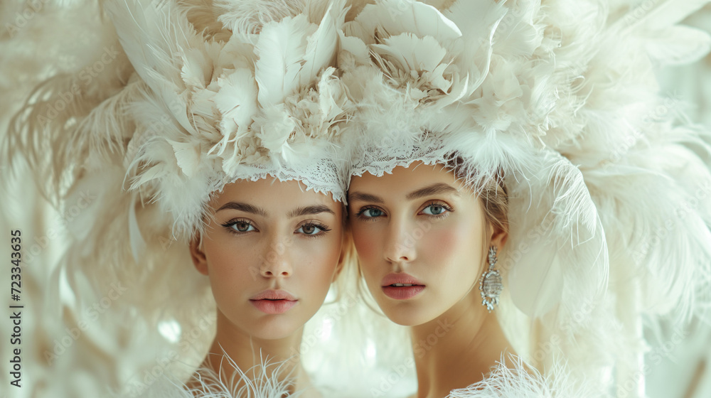 Two women with white feathers in their hair Two women with white feathers in their hair