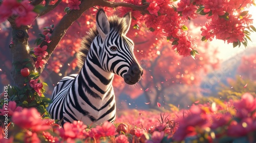  a zebra standing next to a tree in a field of flowers with pink flowers in the foreground and a tree with red flowers in the background with pink flowers in the foreground.