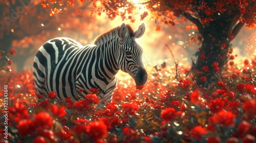  a zebra standing in the middle of a field of red flowers in front of a tree with its head turned to the side, with its head turned to the camera. © Nadia