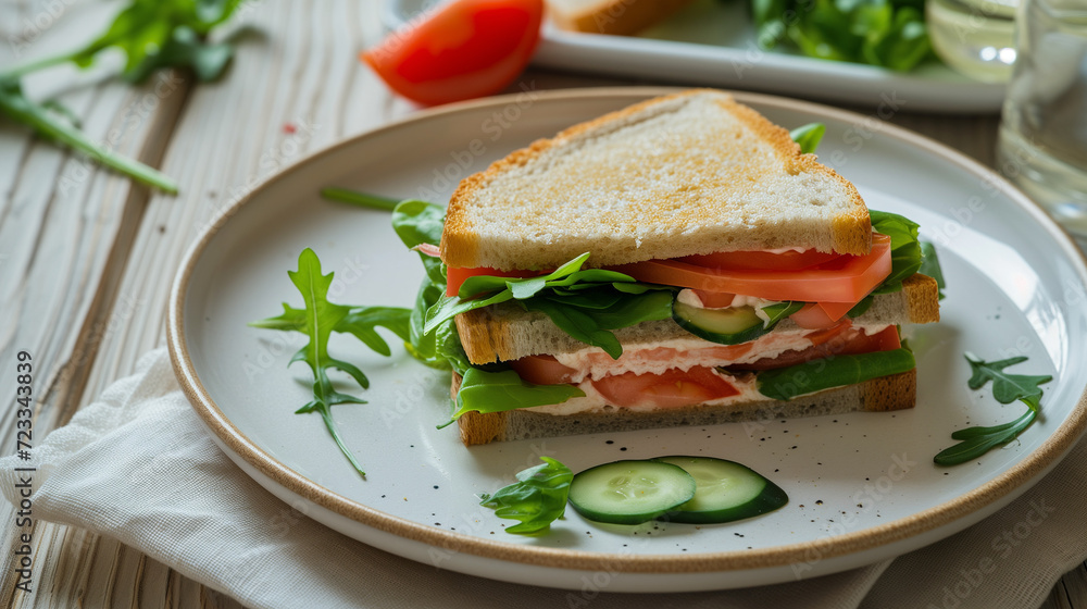 Sandwich on a plate on a wood table Sandwich on a plate on a wood table