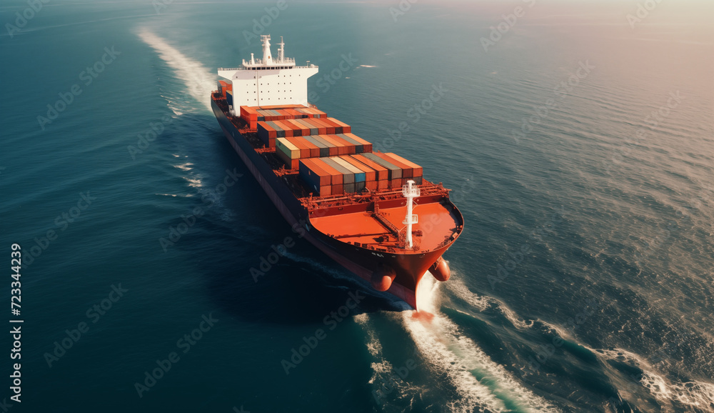 Containerschiff mit Ladung auf hoher See, strahlend schönes Wetter mit Schiff und Schiffscontainern, Luftaufnahme Containerschiff mit Ladung auf hoher See, strahlend schönes Wetter mit Schiff und Schiffscontainern, Luftaufnahme