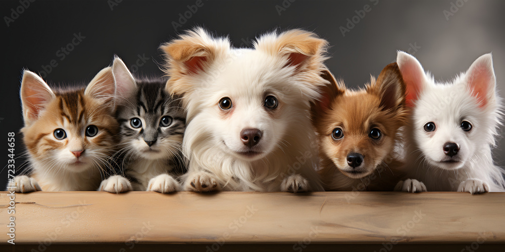Group of cute puppies and kittens in a box on a dark background. ai generated