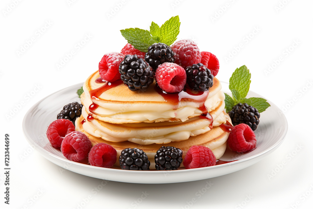 Pancakes with fresh berries and sour cream on white background. ai generated Pancakes with fresh berries and sour cream on white background. ai generated