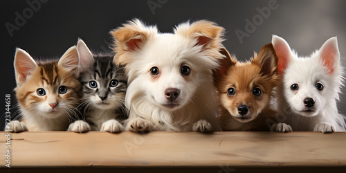 Group of cute puppies and kittens in a box on a dark background. ai generated © ImagineStock