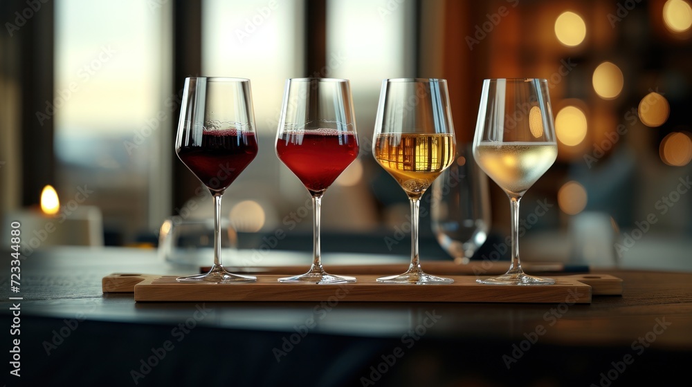 a row of wine glasses sitting on top of a wooden table next to a wine glass filled with red, white, and pink wine in front of a window. a row of wine glasses sitting on top of a wooden table next to a wine glass filled with red, white, and pink wine in front of a window.