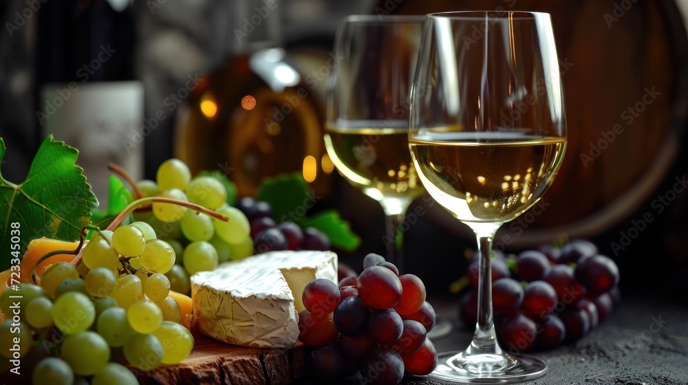  a couple of glasses of wine sitting next to a bunch of grapes and cheese on a wooden board with a barrel of wine in the back ground in the background.
