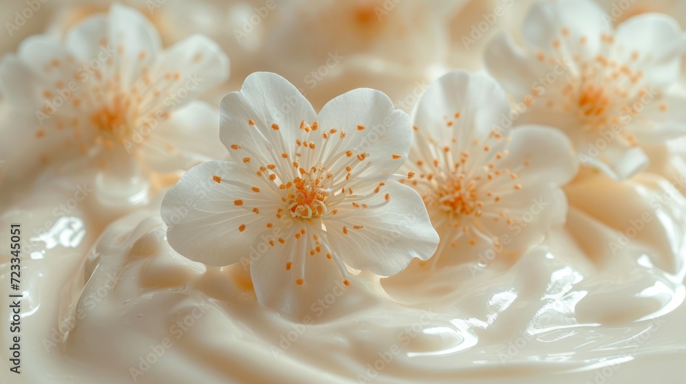 a close up of some white flowers on a cream colored liquid filled cake with white icing and gold sprinkles on the top of the icing. a close up of some white flowers on a cream colored liquid filled cake with white icing and gold sprinkles on the top of the icing.