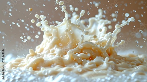 a close up of a milk splashing into a glass of milk with drops of milk on the bottom of the glass and on the bottom of the glass is a light brown background.
