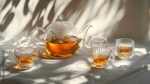  a glass tea set with a teapot, cups, and a teapot on a white table cloth with a shadow of the teapot and glasses on the table.