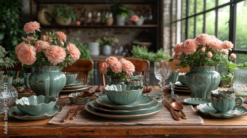  a wooden table topped with lots of plates and vases filled with flowers on top of a wooden tablecloth covered in green and white dishes and cups and saucers.