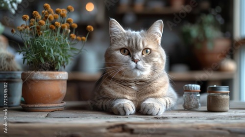  a cat is sitting on a table next to a potted plant and a jar of salt and a jar of salt and pepper shakers are on the table.