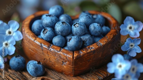  a wooden bowl filled with blueberries sitting on top of a wooden table next to small blue flowers and a wooden bowl filled with blueberries on a wooden table.
