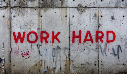 Generative AI, Motivational words Work Hard on the grey rough concrete old wall, street art photo